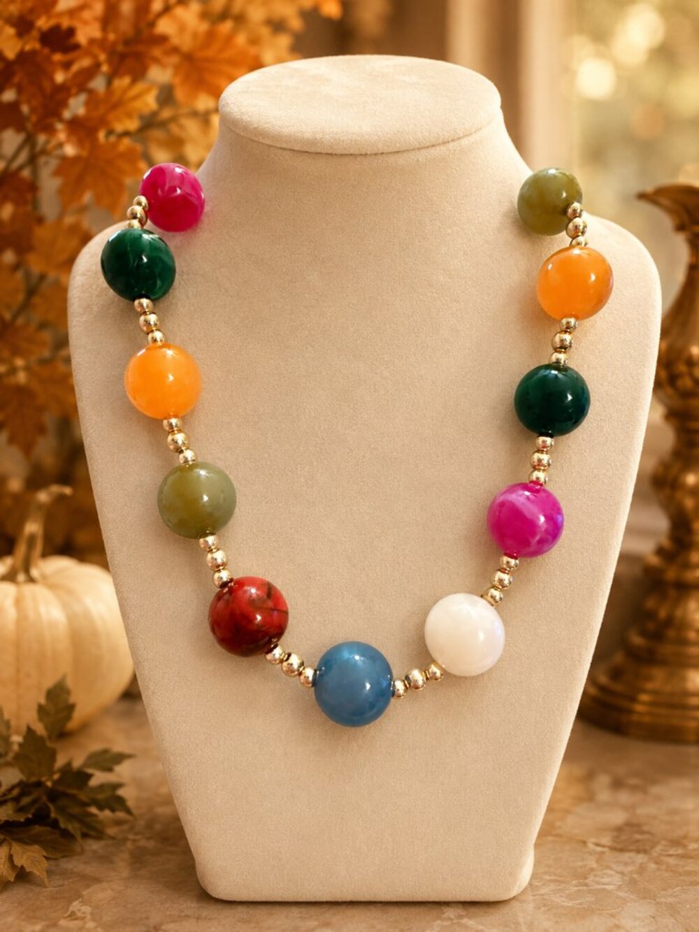 Colorful Beaded Statement Necklace, Multicolor Chunky Bead Necklace, Gold Accent